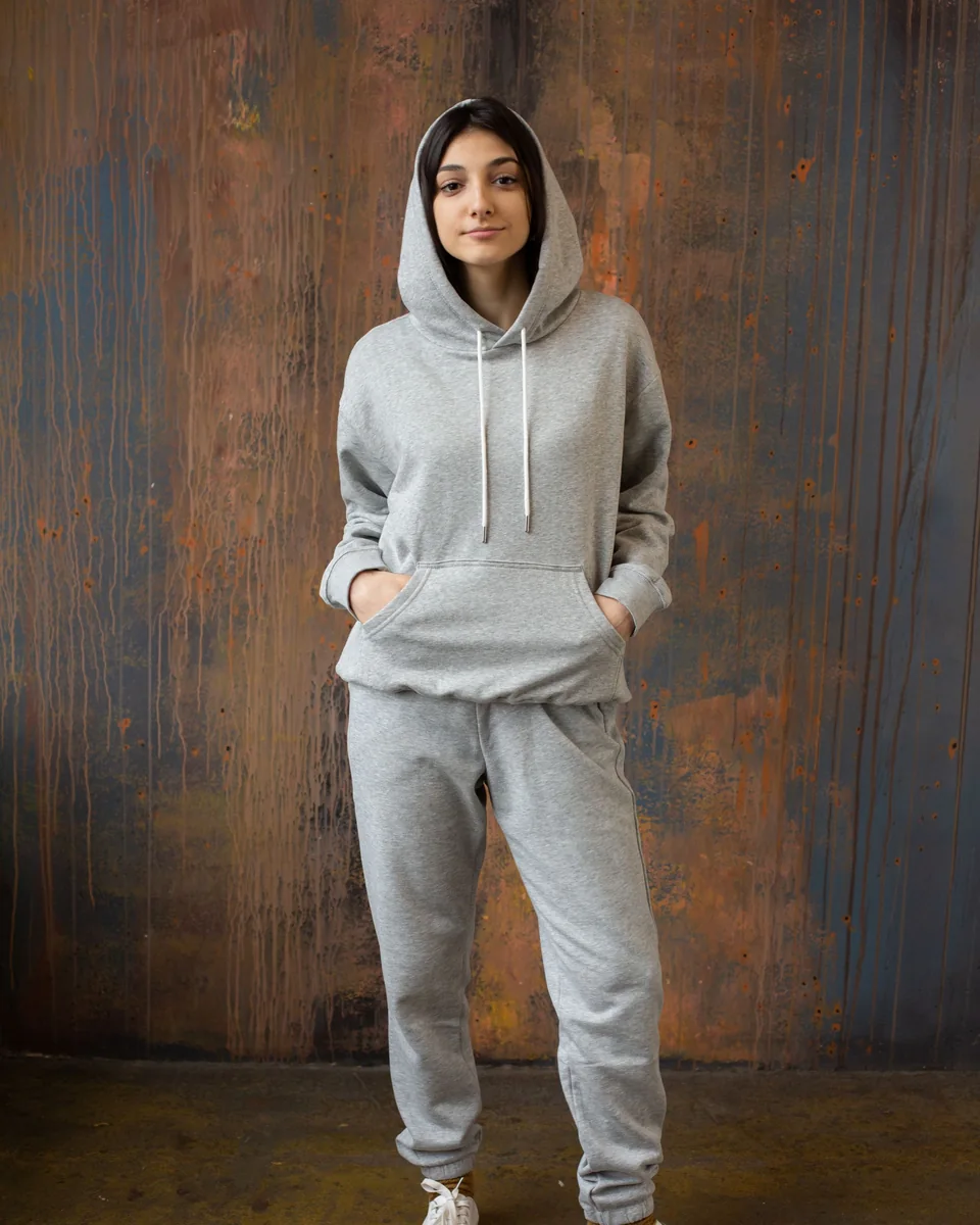 Model wearing a grey pullover hoodie and jogger sweatsuit