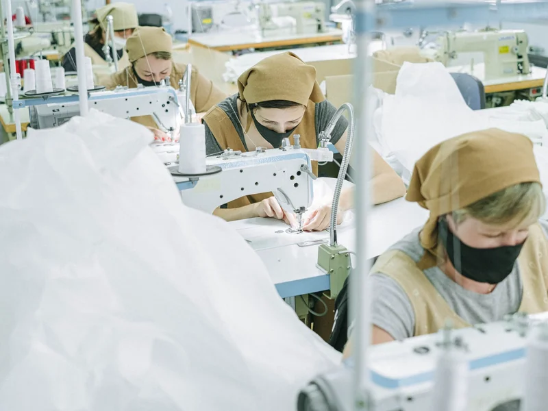 Sewing operators stitching garment panels on an industrial cut and sew line