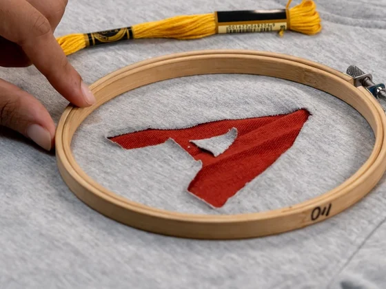 Red letter A being embroidered in a hoop on a grey sweatshirt