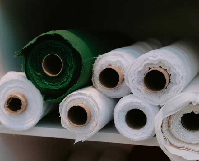 Rolls of white and green fabric stored on shelves before spreading and cutting