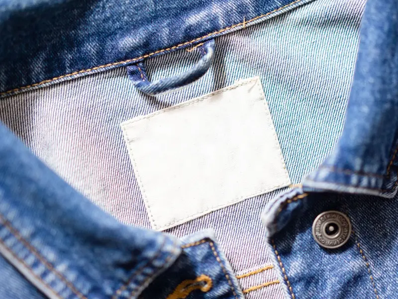 Blank label stitched inside a jacket collar, ready for private label branding